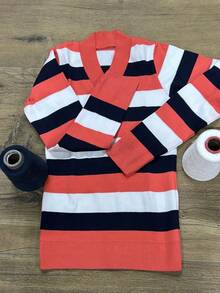 Women's Cold Weather Blouse | Women's Striped Long Sleeve Blouse | Striped V-Neck Blouse | Stripes - 珊瑚橙 - 查看 4