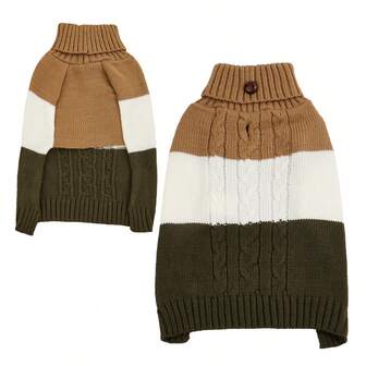 1pc Stretchy & Comfortable Cable Knit Tri-Color Patchwork Wood Button High Neck Pet Sweater, Suitable For Cats & Dogs In Autumn/Winter