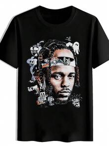 Camiseta gráfica negra de hip-hop para hombres con estampado de cara de rapero y micrófono - Camiseta de manga corta de cuello redondo casual de verano, top de poliéster lavable a máquina para conciertos, festivales, atuendos de playa y vestimenta casual - Negro - Ver 1