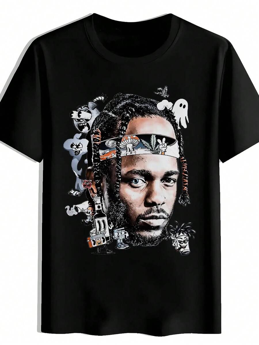 Camiseta gráfica negra de hip-hop para hombres con estampado de cara de rapero y micrófono - Camiseta de manga corta de cuello redondo casual de verano, top de poliéster lavable a máquina para conciertos, festivales, atuendos de playa y vestimenta casual - Negro - Ver 1