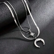1PC Funky Style Titanium Steel Necklaces For Men Women Star And Crescent Moon Pendants Fashionable Hip-Hop Jewelry For Daily Wear Jewelry Gift - Bạc - Xem 1