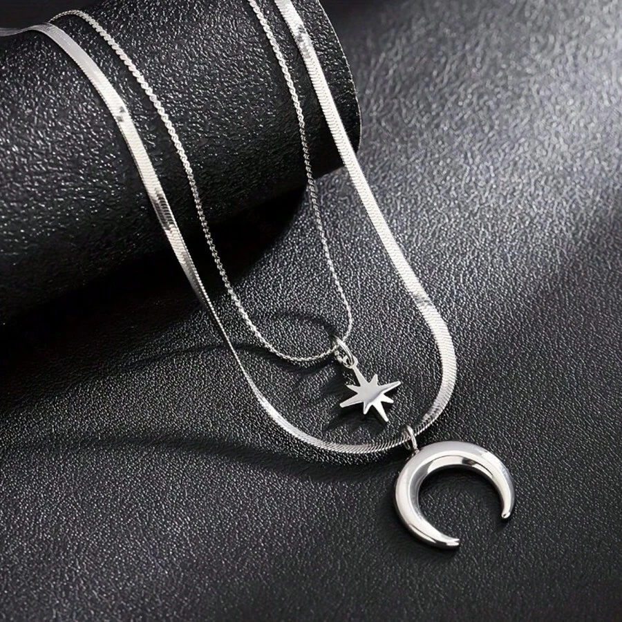 1PC Funky Style Titanium Steel Necklaces For Men Women Star And Crescent Moon Pendants Fashionable Hip-Hop Jewelry For Daily Wear Jewelry Gift - Bạc - Xem 1