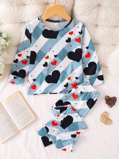 New Boys Pyjama Set Blue And White Striped Heart Print Boys Dressing Gown Casual And Comfortable Home Clothes Round Neck Long Sleeve Two Pieces Suit