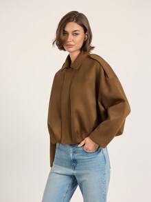 Faux Suede Lapel Loose Fit Flight Jacket - Coffee Brown - View 6