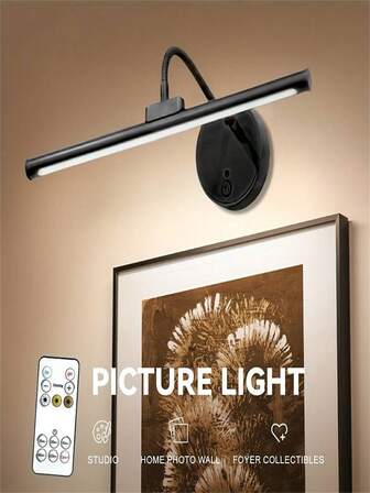 1pc Gallery Night Light, Wall Lamp, Rechargeable Painting Art Light, Remote Control, 3 Color Temperature Adjustments, Suitable For Jewelry Display, Bedroom, Living Room, Art Room, Kitchen, Mirror, Bathroom(1800mAh)