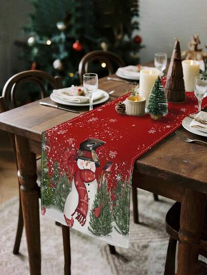 1 pièce, Nappe décorative de table de salle à manger pour Noël, Nappe décorative de fête, Nappe décorative de bonhomme de neige et de lutin pour Noël, Drapeau de table décoratif de cuisine et de salle à manger pour les fêtes, Cadeaux de fête