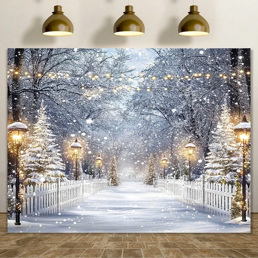 1 Toile de fond de conte de fées d'hiver, scène de forêt enneigée en polyester, décoration murale polyvalente pour les fêtes, sans électricité, convient pour la décoration extérieure et les fêtes.