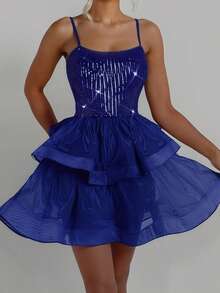 Damen Cocktailkleid Premium Pailletten geschichtetes Organza Saum Kleid Abendkleid für Damen Hochzeitskleid