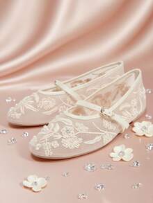 Women Mesh Ballet Flats Tulle Floral Embroidered Mary Janes Shoes Ballerina Round Toe Comfortable Daily Dress Ballet Flats Shoes With Buckle - White - View 1