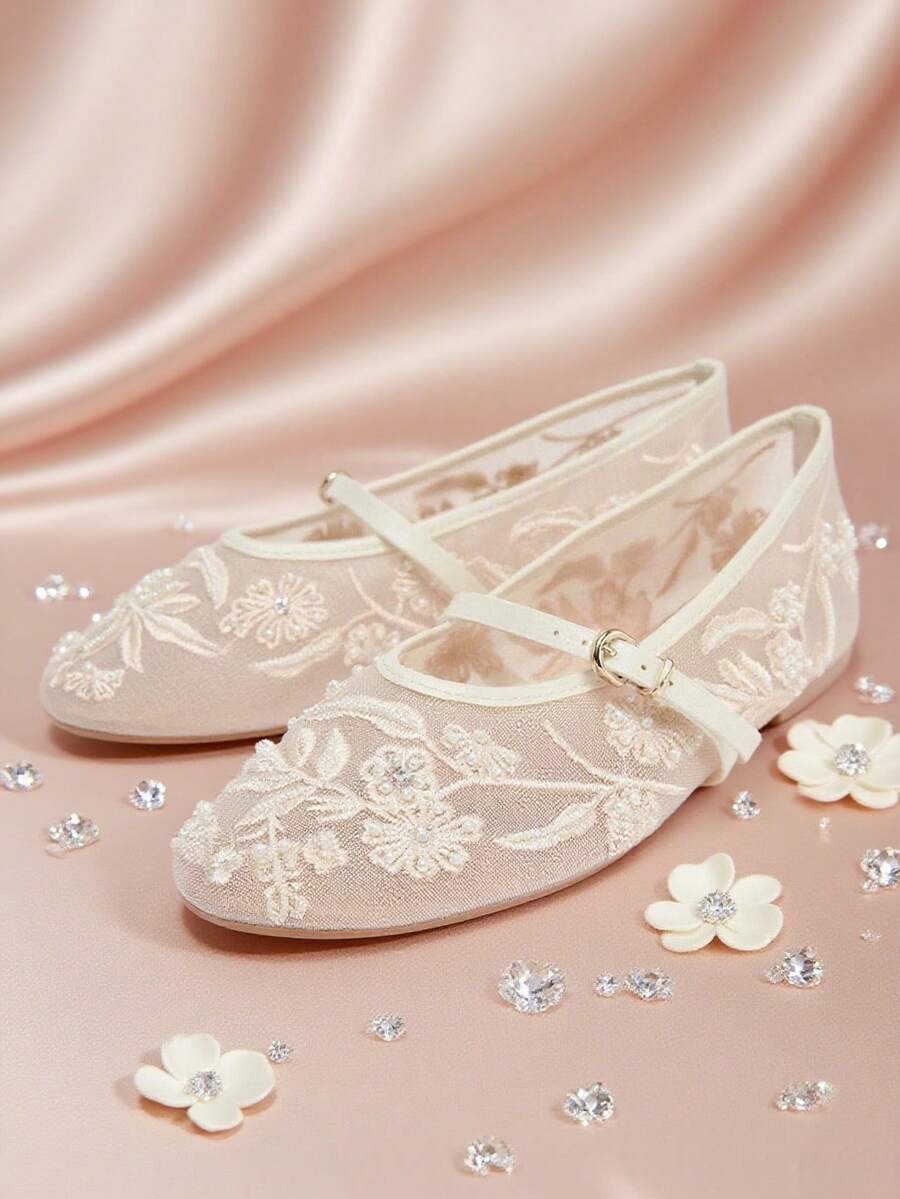 Women Mesh Ballet Flats Tulle Floral Embroidered Mary Janes Shoes Ballerina Round Toe Comfortable Daily Dress Ballet Flats Shoes With Buckle - White - View 1