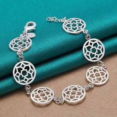 925镀银圆形链手链，女士婚礼派对时尚魅力首饰