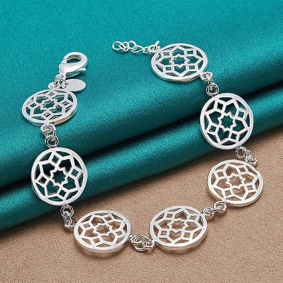 925镀银圆形链手链，女士婚礼派对时尚魅力首饰 - 銀色 - 查看 1