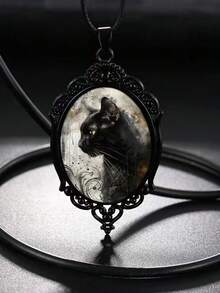 1pc Vintage Halloween Black Cat Pendant Necklace (With Slightly Faded Pattern Effect, May Have Minor Color Difference)