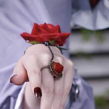 Vintage Gothic Red Rose Bracelet With Ring, Halloween Lace Flower Wristband, Bridal Accessory, Fashionable Vintage One-Piece Bracelet Jewelry - S001-01 đen + đỏ - Xem 3