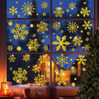 59pcs (2 Sheets) Christmas Gold & Silver Snowflake Window Clings - Reusable Static Cling Snowflake Decals For DIY Arrangement, Suitable For Glass Windows, No Residue Winter Stickers, Home, Office, Shop Display, Snowflake Pattern, Holiday Atmosphere, Adhesive-Free