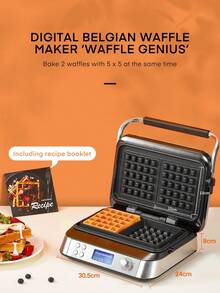 1600W Belgian Waffle Maker, Double Waffle Maker With LED Display, 5 Different Programmes, 7 Browning Controls, Countdown Timer, Audible Alerts, Stainless Steel (Silver) - UK Plug(220-240V) - View 2