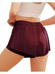CourtClass Sport Plus Size Women's Sport Tennis Skirt Golf Skorts Ladies' Solid Color Simple Drawstring Pleated Skort For Athletic Skirt, Breathable Material For Badminton, Tennis, Yoga, Running And Marathon Skirt Shorts, 2 In 1 Flówy Fitness Shorts For Women - 酒紅色 - 查看 1