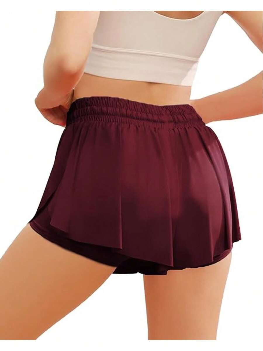 CourtClass Sport Plus Size Women's Sport Tennis Skirt Golf Skorts Ladies' Solid Color Simple Drawstring Pleated Skort For Athletic Skirt, Breathable Material For Badminton, Tennis, Yoga, Running And Marathon Skirt Shorts, 2 In 1 Flówy Fitness Shorts For Women - 酒紅色 - 查看 1