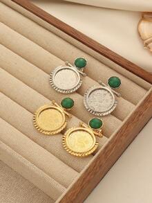 1 对优雅铜合金镀金绿色珠子和硬币耳钉，适合女性日常佩戴和节日礼物 - 綠色 - 查看 1