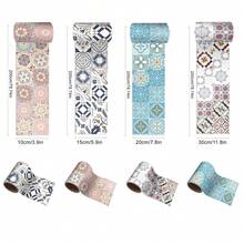 1卷PVC瓷砖家居装饰壁纸，自粘可移除波西米亚陶瓷贴纸，欧式曼陀罗图案墙贴，复古棕绿粉蓝条纹边框，多种尺寸可选（3.94/5.91/7.87/11.8 x 78.7英寸）。墙地两用壁纸，复古风格家居装饰，适用于墙面装饰、室内DIY、厨房、浴室、洗衣房、壁炉及其他房间装饰。 - 彩色 - 查看 4