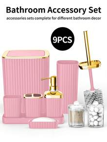 浴室配件套装，9 件粉色浴室套装，配有牙刷架、垃圾桶、乳液皂液器、牙刷杯、梳妆台托盘、肥皂盒、马桶刷、新家居浴室配件支架浴室收纳浴室装饰夏季 - 彩色 - 查看 1