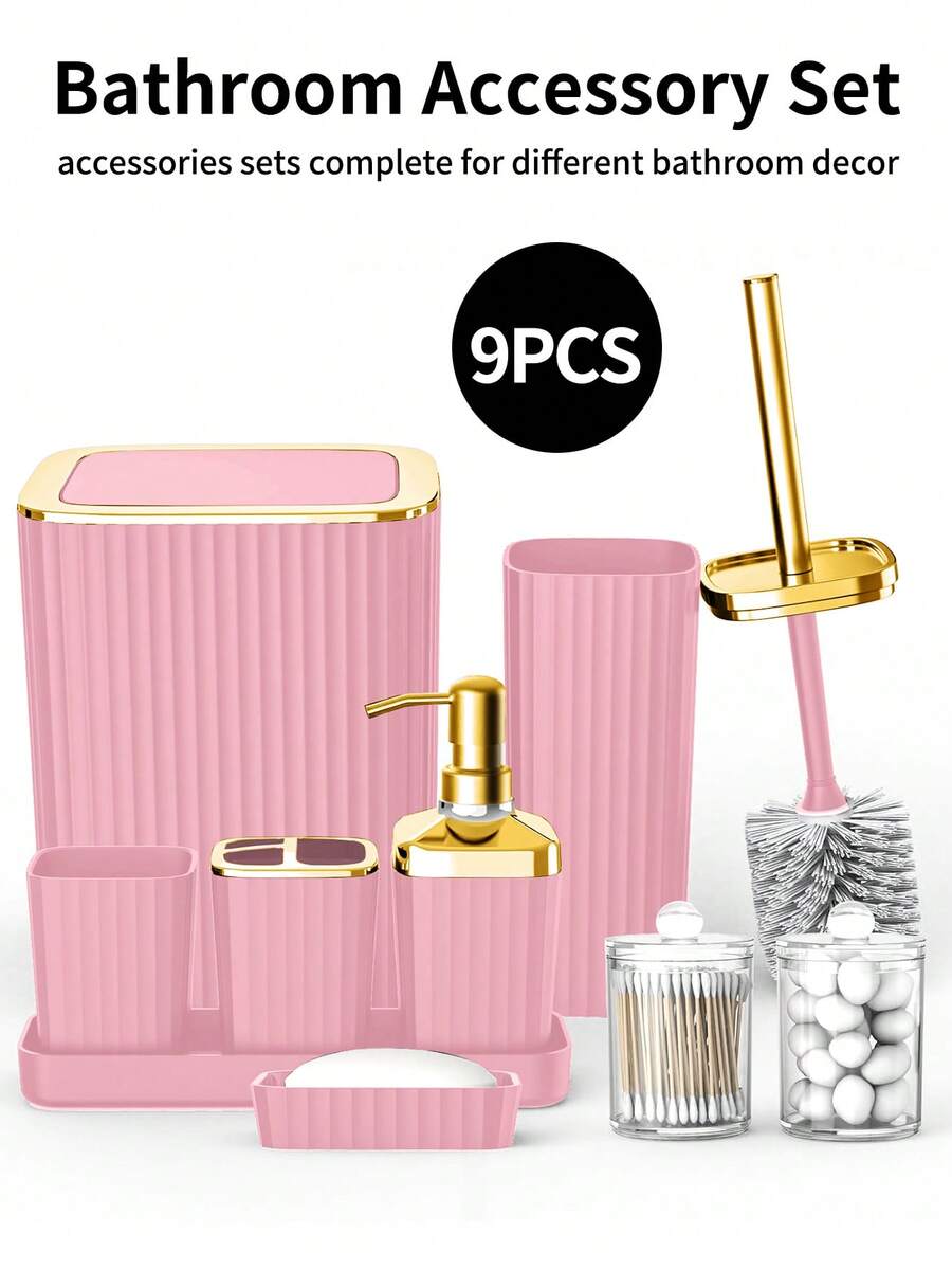 浴室配件套装，9 件粉色浴室套装，配有牙刷架、垃圾桶、乳液皂液器、牙刷杯、梳妆台托盘、肥皂盒、马桶刷、新家居浴室配件支架浴室收纳浴室装饰夏季 - 彩色 - 查看 1