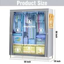 1Pcs Fabric Canvas Wardrobe With Hanging Rail Shelving Clothes Storage Large Cupboard Grey - Grey - View 4