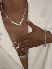 Elegant Lady Jewelry Set - Rhinestone Necklace, Earrings, And Bracelet, Fashionable Minimalist Design, Suitable For Weddings, Parties, And Formal Occasions