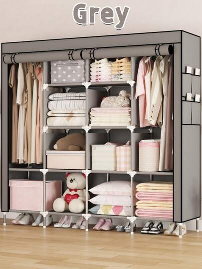 1pc Large Capacity Fabric Wardrobe, Must-Have For Influencer Dorms & Bedroom Makeover, Multi-Compartment Storage Cabinet For Clothes, Bedding, Toys And Shoes, Ideal For Home Organization And Space Saving