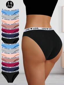 14 Pcs Fashion "LOVE" Letter Design  Underwear Women,Sexy Low-Waist  Women's Panties ,Fashion Solid Color Lingerie For Women ,Comfortable Sports Shorts Lingerie ,Ropa Interior Para Mujeres - 彩色 - 查看 3
