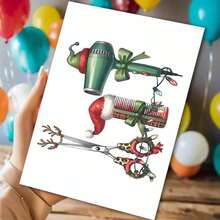 1pc Christmas Hairstylist Thank You Card - Holiday Greeting Card For Salon, Designed With Scissors, Comb And Hairdryer - Red And Green Christmas Theme - Includes Matching Envelope - Suitable For Hairstylists, Stylists, Customers - Christmas, New Year, Salon Appreciation Gift - Paper Card, Playful Illustration, Premium Cardstock, Stylist Expression