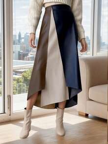 1 pieza Falda asimétrica/asimétrica de cintura alta elástica de cuero PU con bloque de color y parche, elegante y casual para fiesta, formal, cóctel, vacaciones, oficina, uso diario, primavera/otoño/invierno