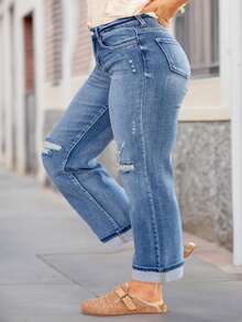Plus Size Women's Distressed Denim Jeans - Medium Wash Blue Long Pants - Comfortable And High Quality - Medium Wash - View 3