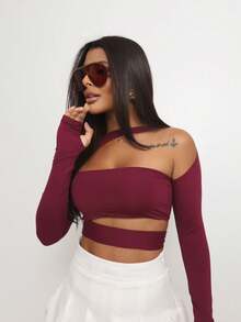 Women's Cropped Top With Cutouts, Long Sleeves, Batwing Neck, Blogger Style - 酒紅色 - 查看 4