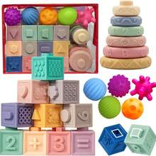 6-12 个月婴儿玩具，适合 6-12 个月婴儿的蒙特梭利玩具，包括堆叠积木和柔软的婴儿出牙玩具和感官球，适合 6-9-12 个月幼儿 - 带储物盒