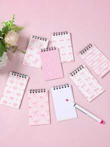 8pcs Mini Pink Bow Themed Spiral Notebooks, Dreamy Pink & White Bow Theme Party Favors, Birthday Party Small Gifts, Party Game Prizes, Gift Decor Spiral Notebooks, Tear-Off Notebooks, Portable Pocket Mini Notebooks, Suitable For Daily Use, Student Gifts, Back To School Rewards, Party Favors, Stationery, Diaries, Notepads - Pink Bow - View 8