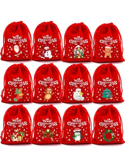 Set de 10 bolsas grandes de caramelos navideños, 12 bolsas de regalo con estampado temático navideño, bolsas de regalo de terciopelo con cordón para Navidad y Halloween (patrón aleatorio)