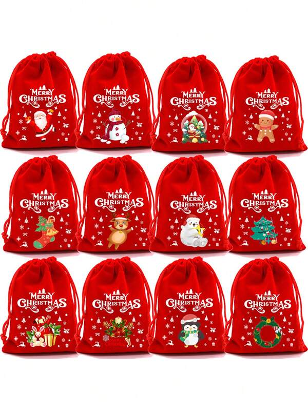 Set de 10 bolsas grandes de caramelos navideños, 12 bolsas de regalo con estampado temático navideño, bolsas de regalo de terciopelo con cordón para Navidad y Halloween (patrón aleatorio)