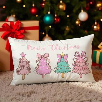 1pc Colorful Christmas Tree & Bow Pattern Pillow Cover, Soft Peach Velvet Fabric, Single-Sided Printing 30*50CM/40*60CM, Suitable For Living Room, Bedroom, Sofa, Christmas Decor, Gift