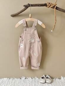 Baby Girls' Casual All-Over Embroidered Floral Light Blue Suspender Pants, Summer