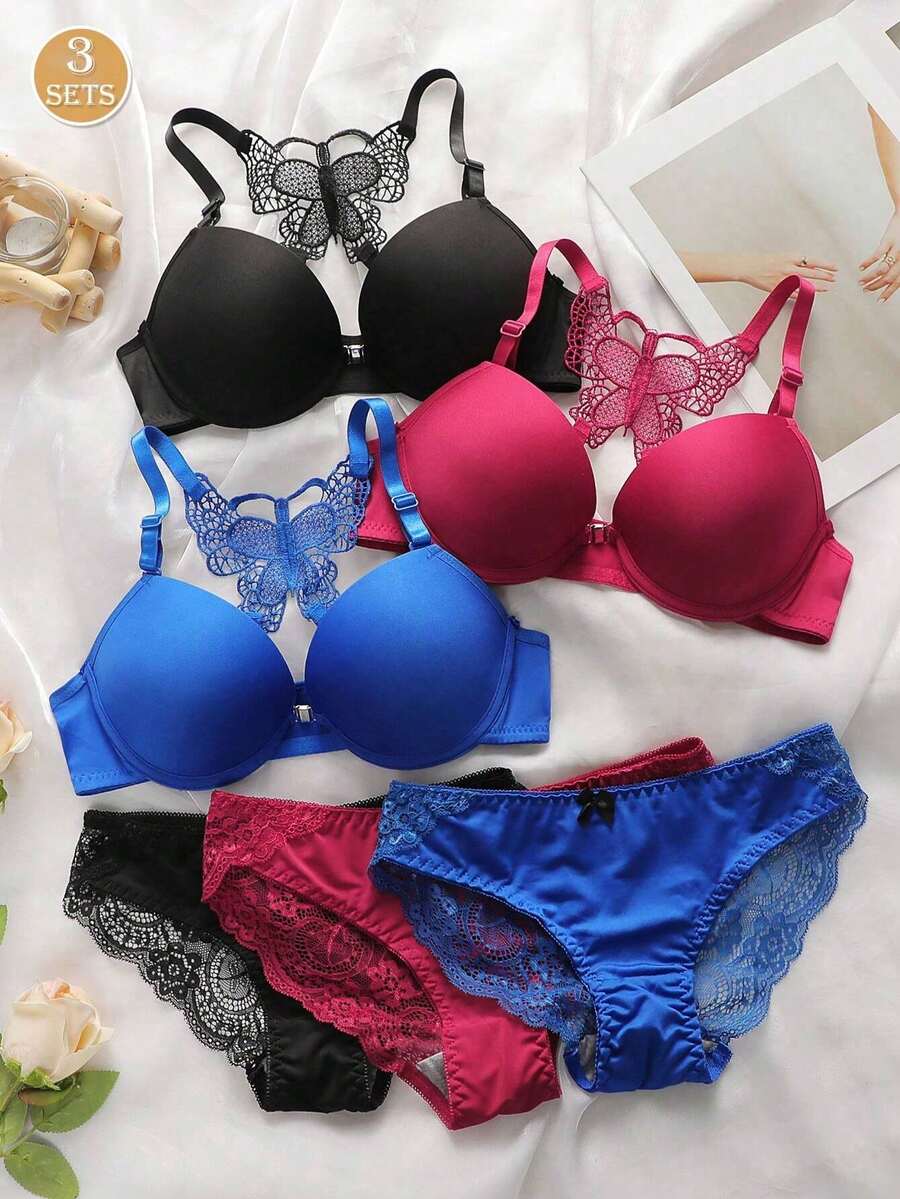 3 件套女士蕾丝钢圈前扣内衣文胸和内裤套装，适合小胸，蕾丝蝴蝶结内裤和蕾丝蝴蝶内衣文胸 - 彩色 - 查看 1