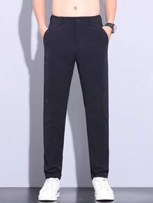 男士纯色口袋休闲通勤锥形裤 - 黑色 - 查看 2