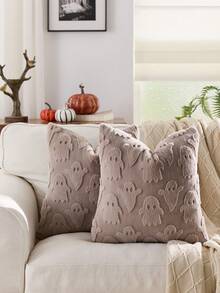 1 Stück Kamel Halloween Geist dekorativer Kissenbezug, Vorderseite Jacquard Kaninchenhaar Geist, Rückseite Niederländischer Samt, quadratischer Kissenbezug, Feiertags-Heimdekoration, weicher Samtbezug, moderne Dekoration für Sofa, Zuhause & Schlafzimmer