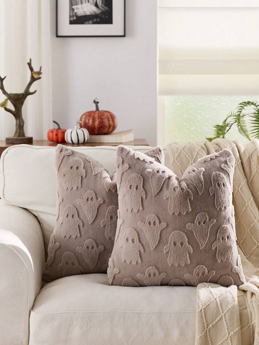 1 Stück Kamel Halloween Geist dekorativer Kissenbezug, Vorderseite Jacquard Kaninchenhaar Geist, Rückseite Niederländischer Samt, quadratischer Kissenbezug, Feiertags-Heimdekoration, weicher Samtbezug, moderne Dekoration für Sofa, Zuhause & Schlafzimmer