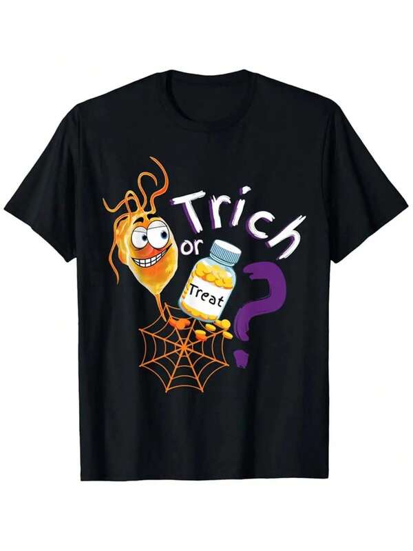 Halloween Costume Inspiration, Comfortable, Loose Version, Soft Fabric, Mens-Shirt, Halloween Theme, Crew-Neck-Shirt With Words Trick Or Treat, Scary Student, Nurse, Doctor
