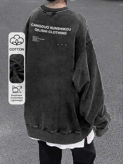 Women's Student Simple Classic Retro American Cotton Black Personalized Washed Y2K English Letter Print Loose Casual Daily Long Sleeve Sweatshirt, Back To School Outfit