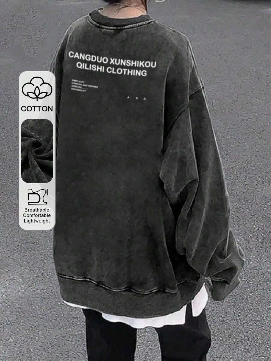 女式学生简约经典复古美式黑色个性化水洗Y2K英文字母印花宽松休闲日常长袖卫衣，返校季春季款 - 黑色 - 查看 1