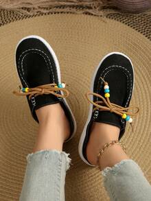 Preppy Style Lace-Up Beaded Criss-Cross Tie Flat Loafers For Women, Vintage Casual Slip-On Shoes, Versatile For Autumn