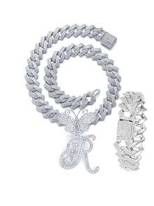 银色女士项链 A-Z 首字母个性化嘻哈经典蝴蝶字母吊坠链项链和手链套装饰物 26 个幸运字母，适合男女日常佩戴情人节时尚珠宝礼物，妈妈，母亲，母亲节，礼物 - 蝴蝶型 - 查看 35