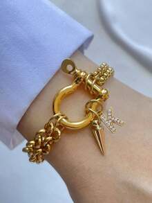 1pc STYLEVER Gold-Color A-Z Letter Bracelet, Rhinestone Letter, Horseshoe Clasp Bracelet, Heart Pendant Bracelet, Stainless Steel Chain, Christmas Gift, Halloween Gift - Golden - View 16